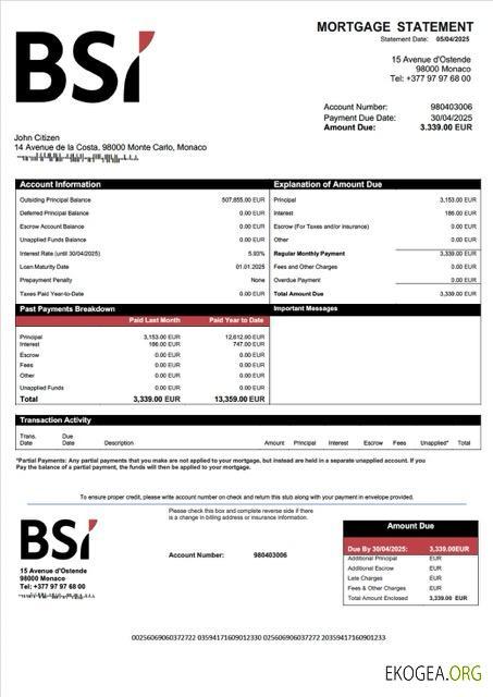 Monaco BSI Monaco Relevé hypothécaire Modèle Word et PDF